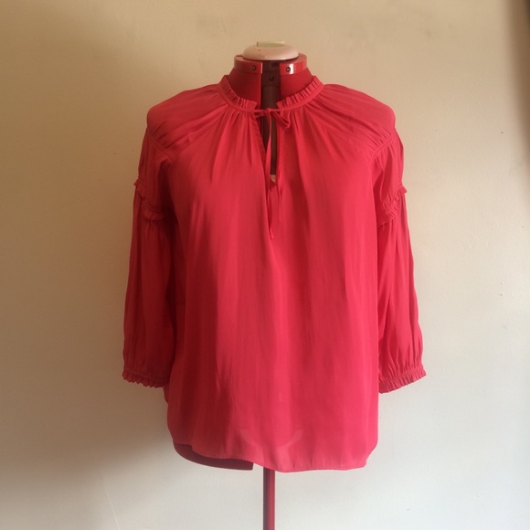 🔥 GAP | Coral Satin-Feel Tie-Neck Boho Peasant Blouse Sz Large - Picture 7 of 8